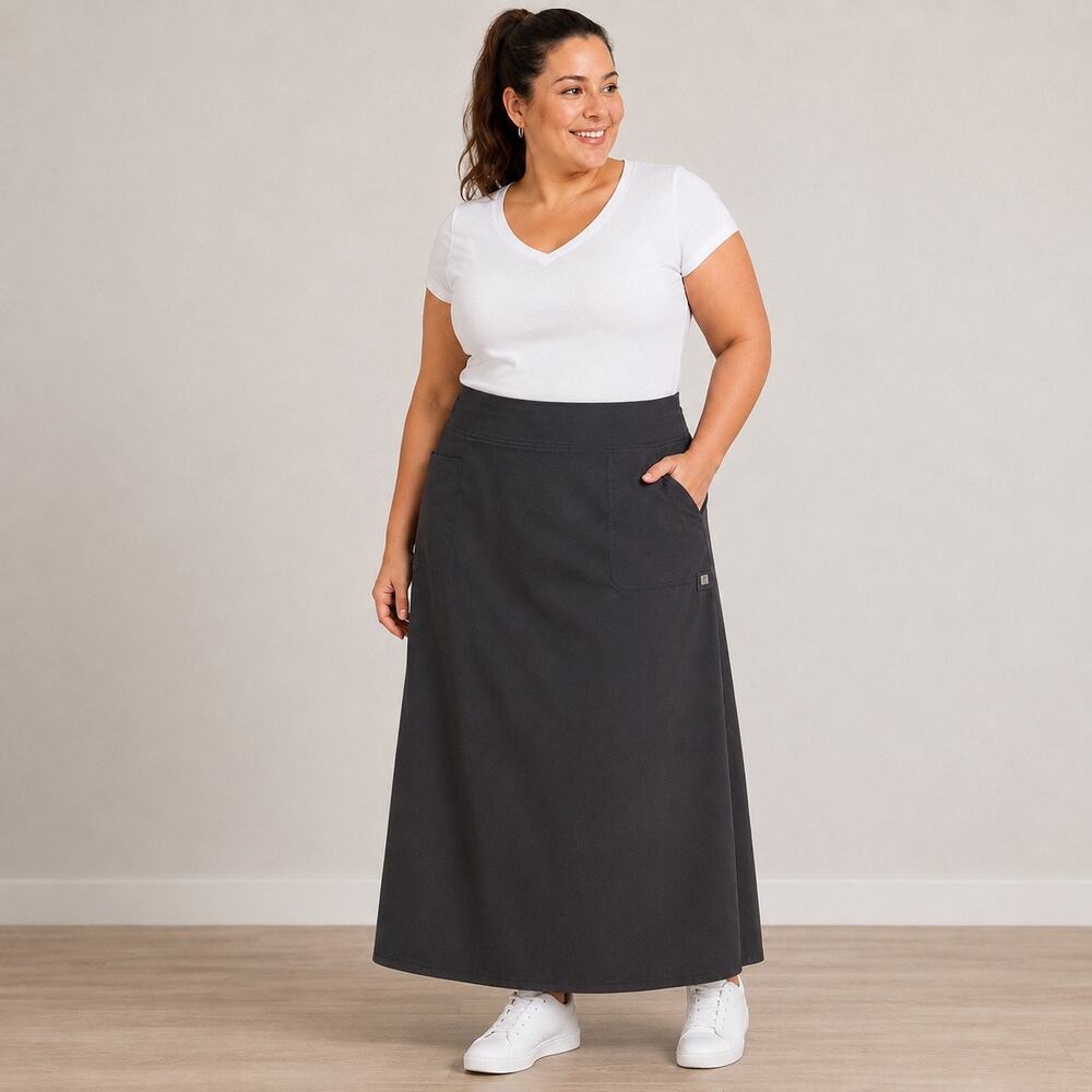 Butter Soft Stretch Womens Maxi A Line Scrub Skirt Black 2X Ankle Length Pockets